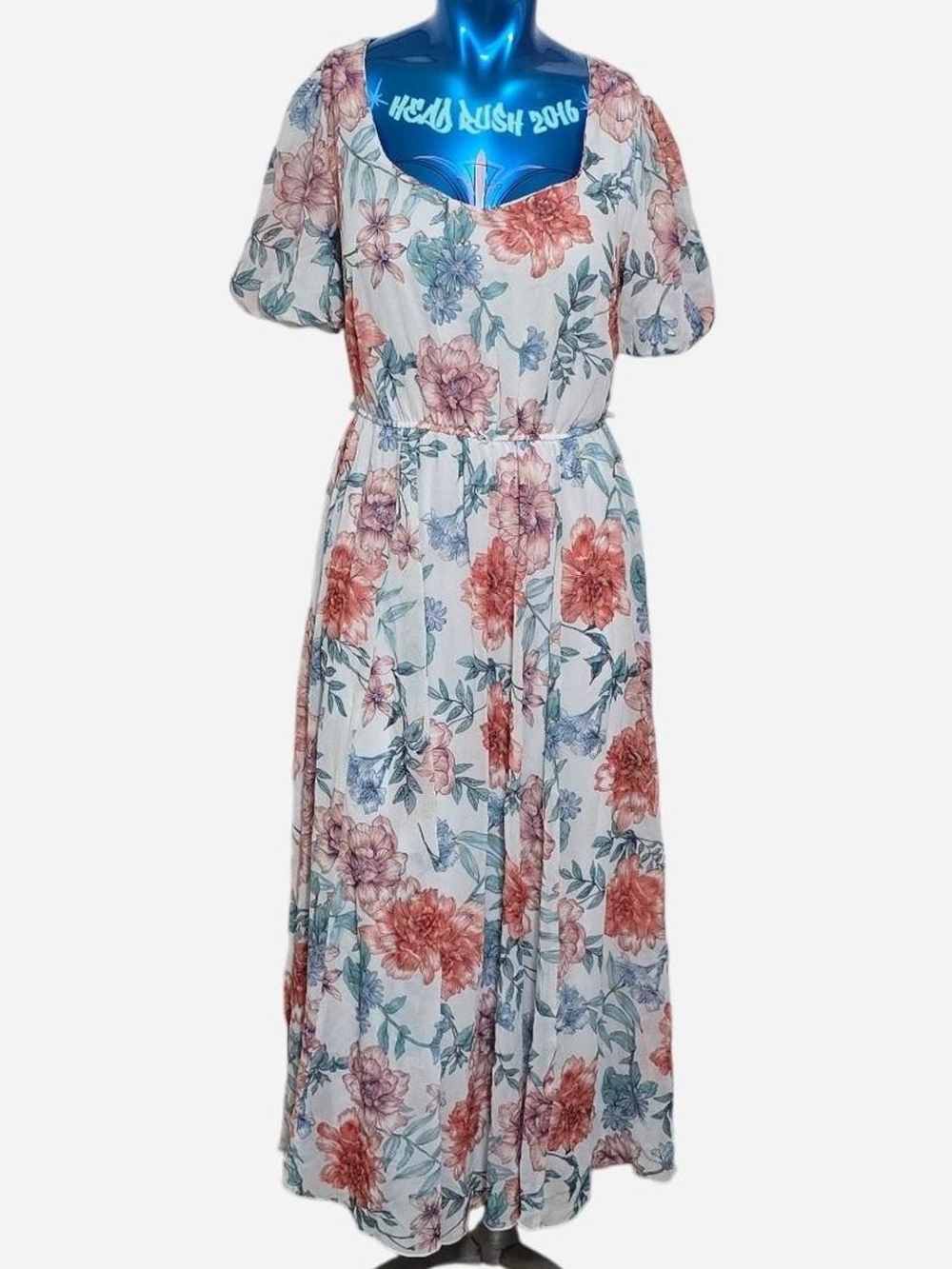 Floral Scoop-Neck Maxi Dress in White and Coral-Pink